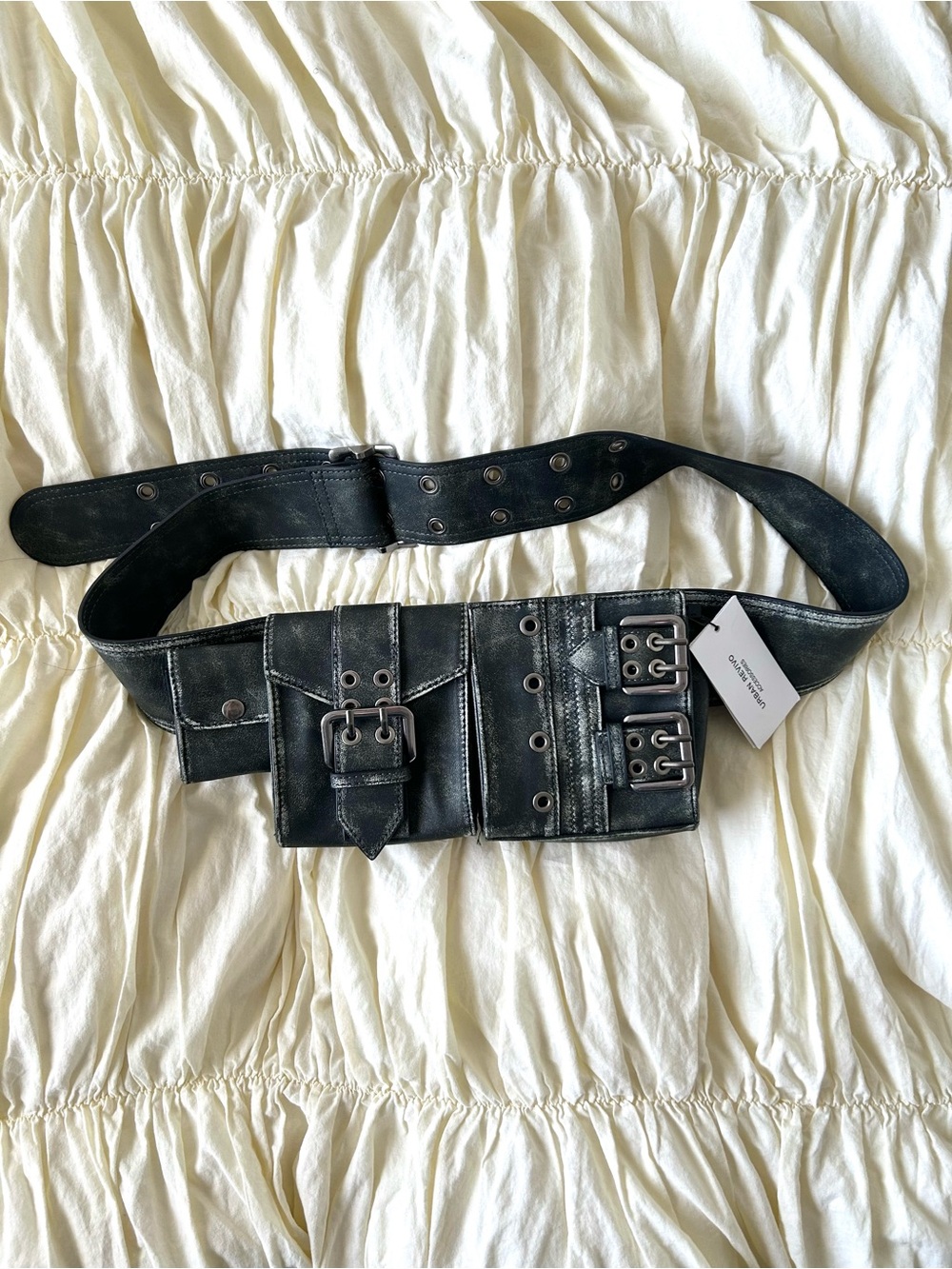 Black faux distressed Leather Multi-Pocket Belt Bag with Buckle Details